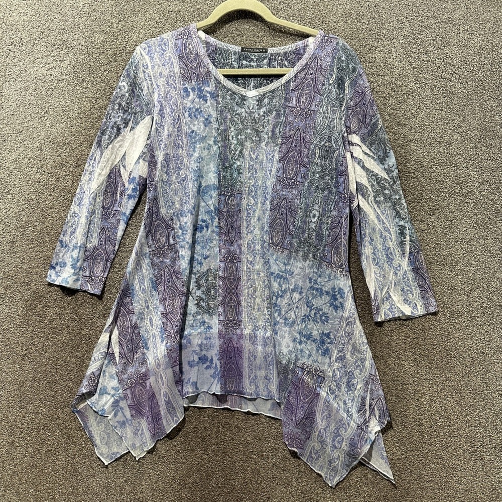 Katina Marie Sharkbite Tunic Top Womens Medium Blue Paisley Patchwork Y2k Boho